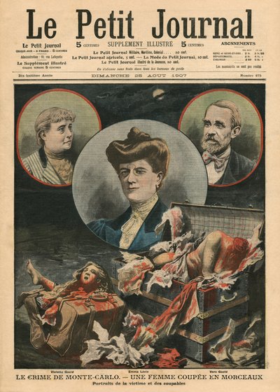 Monte Karlo nusikaltimas, į gabalus supjaustyta moteris, iliustracija iš „Le Petit Journal“, priedo iliustracija, 1907 m. rugpjūčio 25 d. autorstwa French School