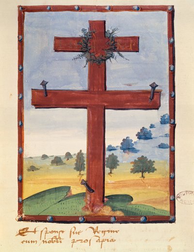 Krzyż Lotaryński, miniatura z rękopisu odnoszącego się do Rene II (1451-1508) Księcia Lotaryngii autorstwa French School