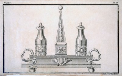 Zestaw ampułek na statywie, z księgi wzorów z neoklasycznych projektów metaloplastyki skomponowanej przez Duhamela, ok. 1770-80 autorstwa French School