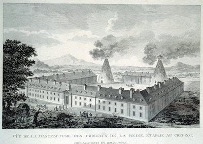 Dzieła kryształowe królowej Marii Antoniny w Creusot koło Moncenis w Burgundii. Grawerowanie z 1787 r. Le Creusot, Ecomusee autorstwa French School