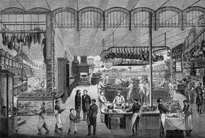 Kucharze i kelnerzy przy pracy w kuchni Café Riche w Paryżu w 1866 r. Grawer „Le Monde Illustre” nr 499 z 3 listopada 1866 r. autorstwa French School