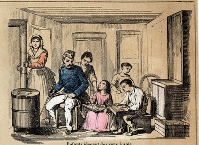 Opis kultury i wyroby z jedwabiu: dzieci hodujące jedwabniki. Talerz „” la soie”” w „” les Recreations instructives”” Obraz synoptyczny Julesa Delbrucka, rycina z 1860 r. Kolekcja prywatna. autorstwa French School