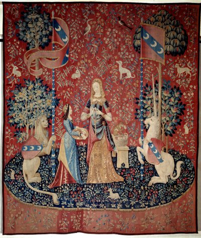 Zasłona Lady to the Unicorn (Lady to the Unicorn): alegoria zapachu. Młoda kobieta trzymająca koronę z goździków, otoczona lwem, jednorożcem, małpą, królikami. Gobelin z wełny i jedwabiu wykonany między 1484 a 1500 rokiem. Z zamku de Boussac, Cr autorstwa French School