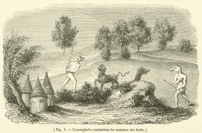 Cynocefale walczące z leśnymi potworami (rycina) autorstwa French School