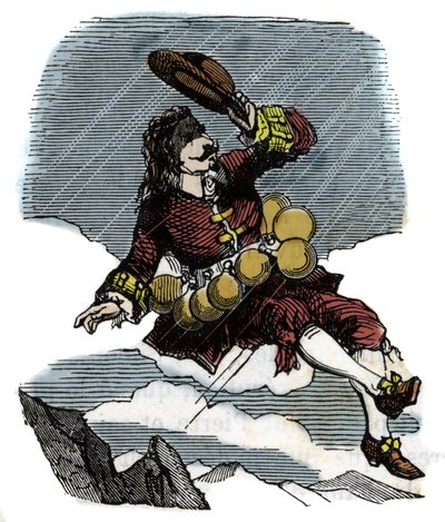 Cyrano de Bergerac unosi się na niebie dzięki fiolkom z różą i podróży na księżyc, ilustracja do powieści Herkulesa Saviniena Cyrano de Bergerac (1619-1655): „”Inny świat”” autorstwa French School