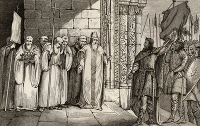 Dagobert (603-39) Zdejmowanie sztandaru w St. Denis, z „Histoire de Paris” Colarta, wydana ok. 1840 r. autorstwa French School