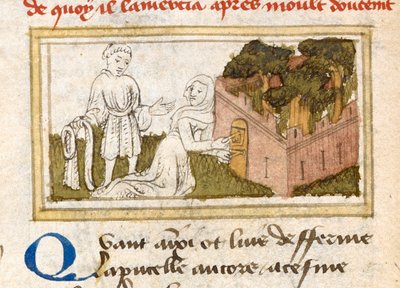 Dame Oiseuse wpuszczająca Kochanka przez drzwi Ogrodu Rozkoszy, z „Le Roman de la Rose”, ok. 1400. autorstwa French School