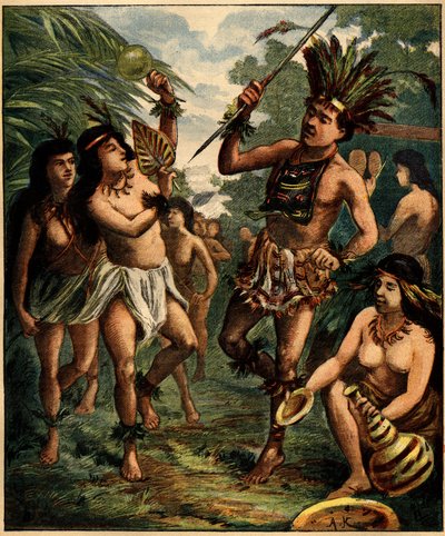 Taniec Indian Roucouyan na Karaibach. Grawer w „La Terre Illustree” nr 77 z 21 kwietnia 1892 r. autorstwa French School