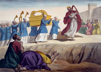 Dawid eskortujący Arkę Przymierza do Jerozolimy, ilustracja z katechizmu LHistoire Sainte, wyd. Charles Delagrave, Paryż, koniec XIX wieku autorstwa French School