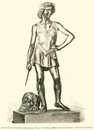Dawid podbijający Goliata, posąg z brązu autorstwa Andrei Verocchio, w Muzeum Narodowym we Florencji (rycina) autorstwa French School