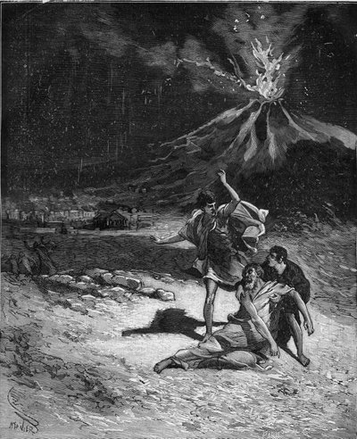 Śmierć Gajusza Pliniusza Secundusa Starszego. Pliniusz Starszy (23-79), przyrodnik i pisarz łaciński (Podczas erupcji Wezuwy; w 79 roku nienawidził tam biegać, aby obserwować to zjawisko; ale gdy zbliżył się zbyt blisko wulkanu, został uduszony. autorstwa French School