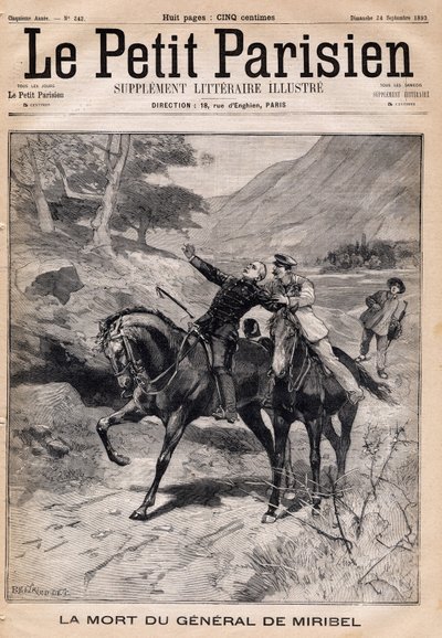 Śmierć generała Marie Josepha Francois de Miribel (1831-1893) z powodu apopleksji po powrocie z inspekcji w Alpach. Jedna z gazet „Le Petit Parisien”” z dnia 24.09.1893 r. autorstwa French School