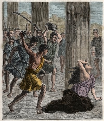 Śmierć Hypatii - Hypatia (c370-415) matematyk i filozof (neoplatonistka) zamordowana przez wyznawców Cyryla, Patriarchy Aleksandrii - Śmierć Hypatii (Hypatii) - Grawerowanie w „”Nauki w zasięgu wszystkich – fizyka i chemia” b autorstwa French School