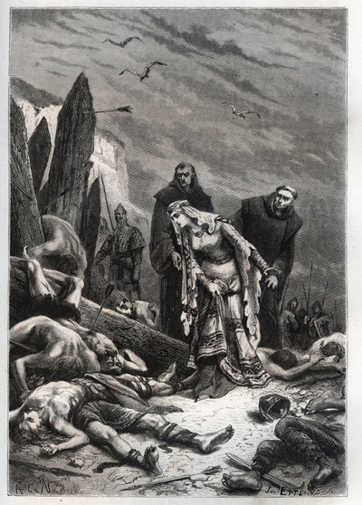 Śmierć króla Harolda II (1022-1066) w bitwie pod Hastings w 1066 - Edith Swannesha (Swanneck), znana jako Edith la Juste (1025-1086) odkrywa ciało swojego męża - Ealdgytha (Edith the Fair lub Edith Swanneschal) , odkrywając ciało Harolda Godwi autorstwa French School