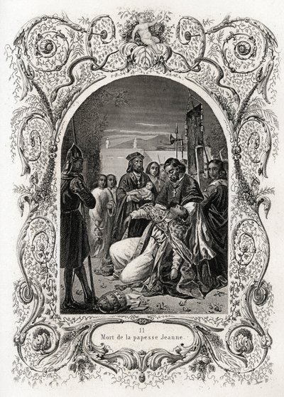 Śmierć papieżycy Jeanne (pontyfikat w latach 855-858). Rycina ilustrująca Histoire des popes autorstwa Maurice