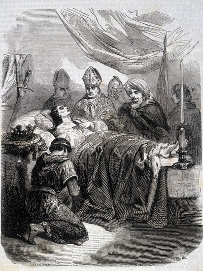 Śmierć św. Ludwika w Palestynie w 1270 r. - w „Histoire de France” L.-P. Anquetil autorstwa French School