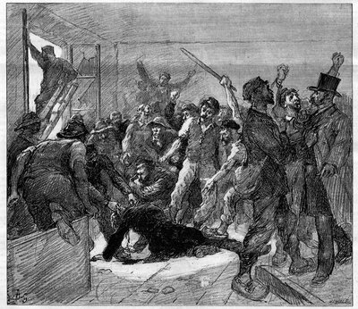 Strajk górników w Decazeville (Aveyron) w 1886 r.: inżynier Watrin został zamordowany przez Grevistów. Grawerowanie w „Le Monde Illustré”, 6 lutego 1886. autorstwa French School