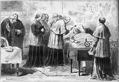 Decyzje papieża Piusa IX (Pio) (1792-1878): rytuał uznania śmierci papieża. Kardynał uderza w czoło zmarłego srebrnym młotkiem. Grawer w „Le Monde Illustré” nr 1089 z dnia 16 lutego 1878 r. autorstwa French School
