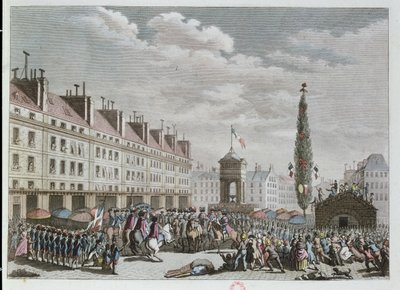 Deklaracja Konstytucji, Place des Innocents, Paryż, wrzesień 1791, 1791 (kolorowe grawerowanie) autorstwa French School