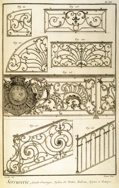 Dekoracyjne ślusarstwo, z Encyklopedii Diderota, wyd. 1771 autorstwa French School