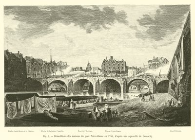 Rozbiórki domów na moście Notre-Dame w 1786 r., według akwareli Demachy autorstwa French School
