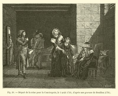 Wyjazd królowej do Conciergerie, 2 sierpnia 1793; po rycinie Bouillona, ​​1795 autorstwa French School