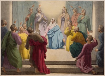 Zejście Ducha Świętego, ilustracja z katechizmu LHistoire Sainte, wyd. Charles Delagrave, Paryż, k. XIX w. autorstwa French School