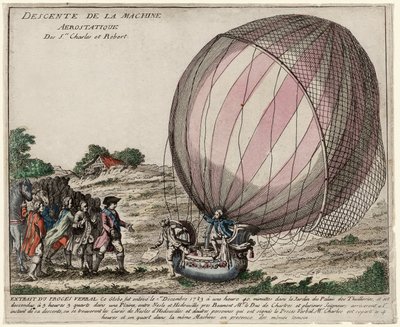 Zejście maszyny aerostatycznej ss. Karol i Robert, wyd. 1783 (grawerowanie ręcznie kolorowane) autorstwa French School