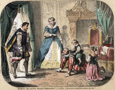 Opis wypoczynku i zabawy dzieci: Król Francji Henryk IV (1553-1610) bawiący się ze swoimi dziećmi (prawdopodobnie Ludwikiem XIII i Elżbietą Francuską) przed ambasadorem Hiszpanii. Obecna jest królowa Maria Medycejska. Płyta „” les jeux de l