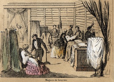 Opis kultury i wyrobów z jedwabiu: sklep z jedwabiem. Talerz „” la soie”” w „” les Recreations instructives”” Obraz synoptyczny Julesa Delbrucka, rycina z 1860 r. Kolekcja prywatna. autorstwa French School