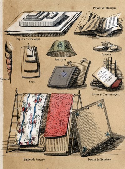 Opis różnych produktów i zastosowań papieru: różne przedmioty wykonane z papieru (koperty, nuty, torby, abażury (klosz), zeszyty i książki, tapety. Talerz „” Le papier et ses produits”” w „” les Recreations instructives ”” Syno autorstwa French School