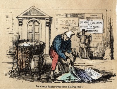 Opis różnych produktów i zastosowań papieru: stary papier jest zbierany i ponownie staje się szmatą. Talerz „Le papier et ses produits” w „Les Recreations instructives” Obraz synoptyczny Julesa Delbrucka, rycina z 1860 r. Kolekcja prywatna. autorstwa French School