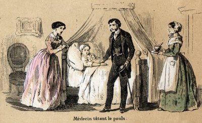Opis pięciu zmysłów: dotyk, lekarz stukający puls chorej dziewczyny. Talerz „Les cinq sens”” w „”Les Recreations instructives”” Obraz synoptyczny Julesa Delbrucka, rycina z 1860 r. Kolekcja prywatna. autorstwa French School