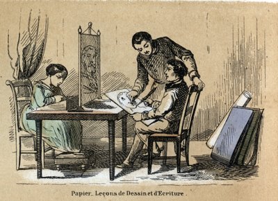 Opis różnych produktów i zastosowań papieru: sąd rysunkowy i pisarski. Talerz „Le papier et ses produits” w „Les Recreations instructives” Obraz synoptyczny Julesa Delbrucka, rycina z 1860 r. Kolekcja prywatna. autorstwa French School