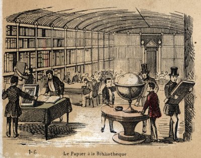 Opis różnych produktów i zastosowań papieru: widok biblioteki zawierającej prace papierowe. Talerz „Le papier et ses produits” w „Les Recreations instructives” Obraz synoptyczny Julesa Delbrucka, rycina z 1860 r. Kolekcja prywatna. autorstwa French School