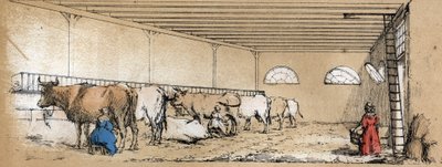 Opis różnych produktów i zastosowań krów: dojenie i produkcja mleka krowiego, widziane ze stajni. Tabliczka „La coache et ses produits” w „Les Recreations instructives” Obraz synoptyczny Julesa Delbrucka, rycina z 1860 r. Prywatne autorstwa French School