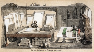 Opis poszczególnych etapów produkcji i użytkowania szkła: warsztat złocenia, polerowania i tłoczenia szkła. Talerz „Szkło i jego wyroby”” w „Les Recreations instructives”” Obraz synoptyczny Julesa DELBRUCKA, rycina z 1860 r. Pri autorstwa French School
