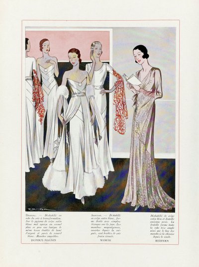 Design for Evening Dresses Depouy-Magnin, Worth i Redfern, wyd. Litografia kolorowa z 1931 roku. autorstwa French School