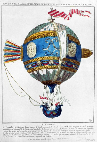 Projekt balonu na ogrzane powietrze o średnicy 120 stóp do startu w Dijon, ok. 1784 (kolorowy grawerunek) autorstwa French School