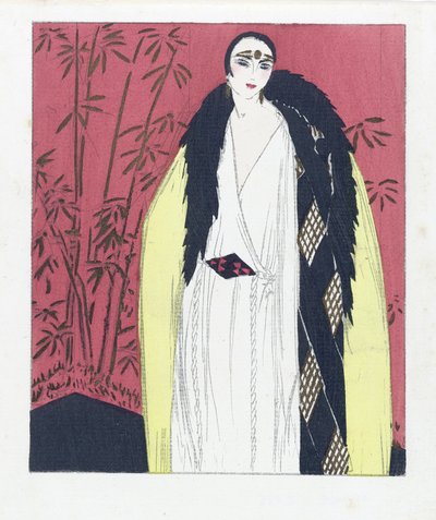Projekt sukni wieczorowej z pelerynką obszytą futrem, pub. 1924 (druk pochoir) autorstwa French School
