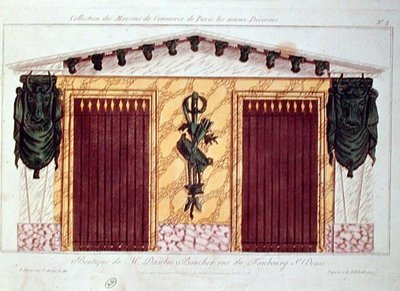 Projekt elewacji sklepu mięsnego z serii przedstawiającej najlepiej zdobione budynki handlowe w Paryżu, ok. 1810 r. (kolor lito) autorstwa French School