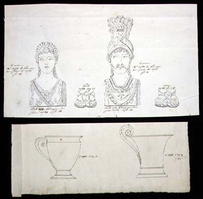 Wzory na oprawy meblowe z pozłacanego brązu ormolu i porcelanowe filiżanki Cesarstwa Francuskiego, ok. 1820 (pióro i atrament na papierze) autorstwa French School