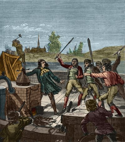 Zniszczenie parowca Papina - Denis Papin (1647-1712) obserwujący jego parowiec wiosłowy zniszczony przez wioślarzy z Muenden w 1707 roku - Les Bateliers de Munden rozbijają parowiec Denisa Papina (1647-1712) - Grawerowanie w „” Nauki na wyciągnięcie ręki z autorstwa French School