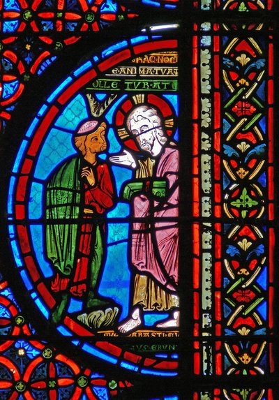 Fragment okna przedstawiający przypowieść o Łazarzu i Nurkach: bogacz z Chrystusem autorstwa French School