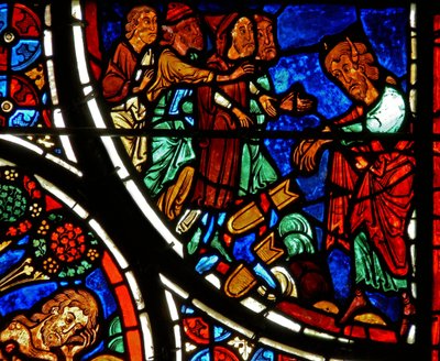Fragment okna przedstawiający przypowieść o dobrym Samarytaninie: Mojżesz rzuca tablice autorstwa French School