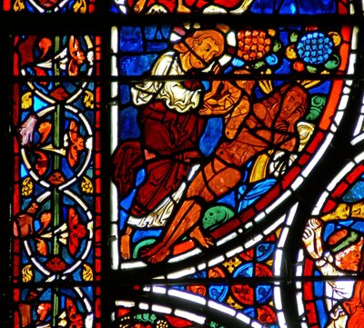 Fragment okna przedstawiający przypowieść o dobrym Samarytaninie: Stworzenie Ewy autorstwa French School