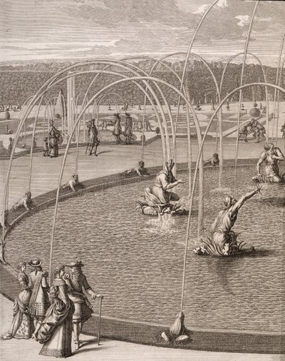 Fragment Fontanny Diany i Apolla w Wersalu, z „Les Plans, Profils et Elevations des Ville et Chateau de Versailles”, opublikowany c.1715 (rycina) autorstwa French School