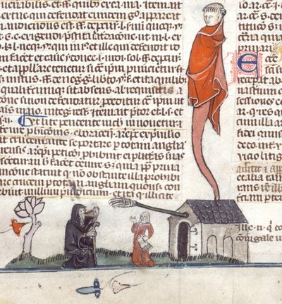 Fragment sceny przedstawiającej pustelnika siedzącego przed tawerną i pijącego piwo, ok. 1300-40 (atrament na pergaminie) autorstwa French School