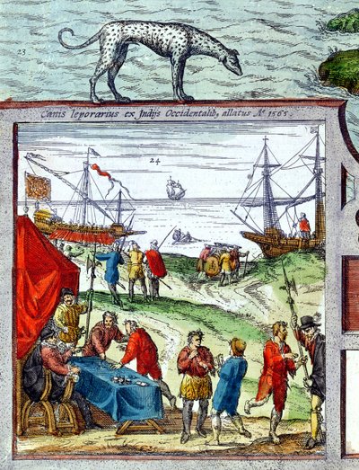 Fragment widoku portu Kadyks przedstawiający handel z Indiami Zachodnimi autorstwa French School