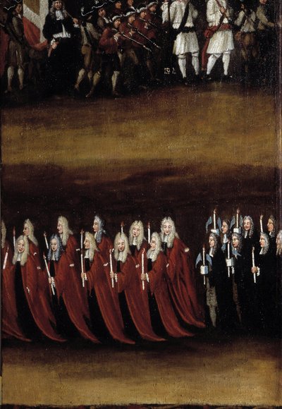 Fragment XVIII-wiecznego ekranu używanego do Święta Boga (lub Święta Najświętszego Sakramentu), przedstawiającego procesję (malowanie na drewnie) autorstwa French School